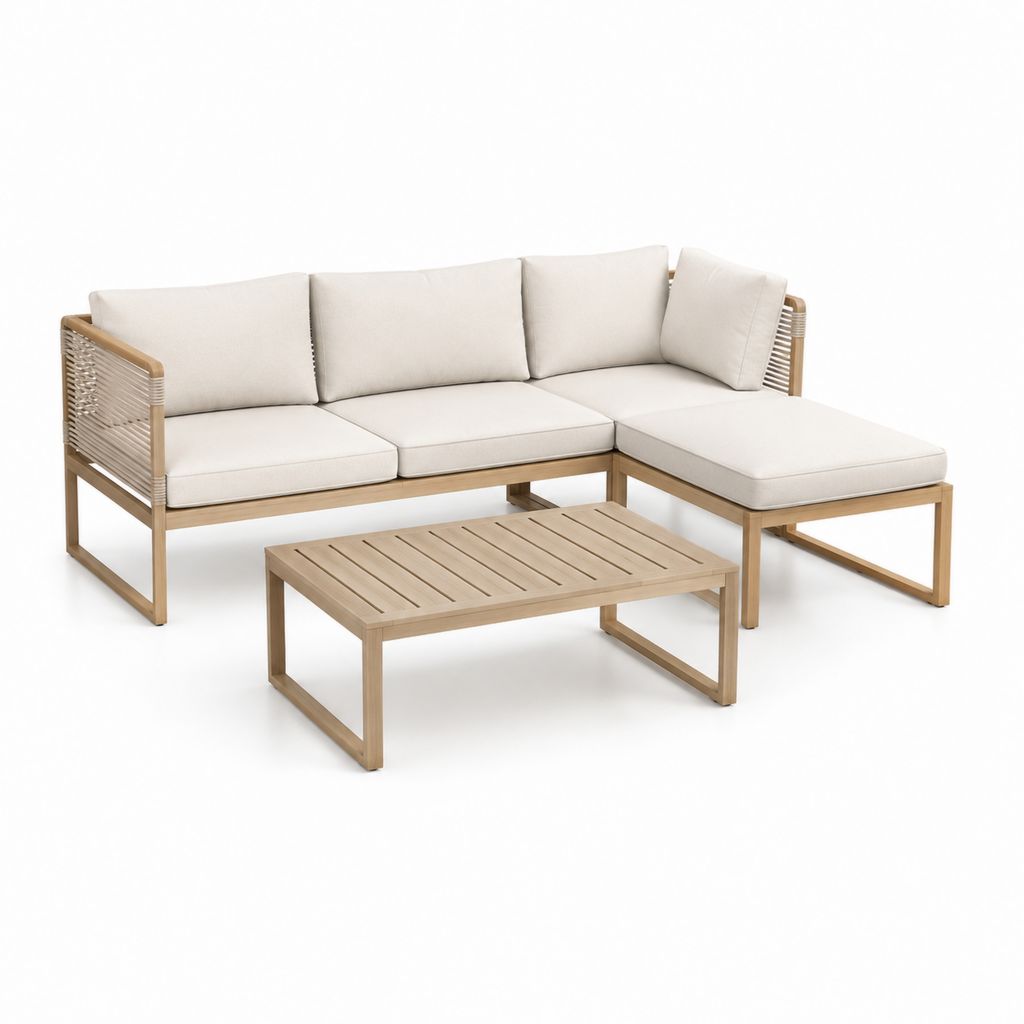 Set divano da giardino angolare 3 posti con chaise longue e tavolino in legno massello di acacia naturale e cuscini crema 200 x 140 x 70 cm