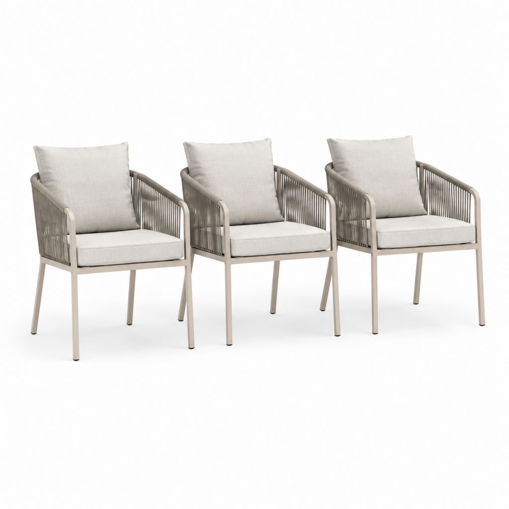 Set 3 poltrone da giardino beige in alluminio e corda con cuscini 60 x 65 x 80 cm