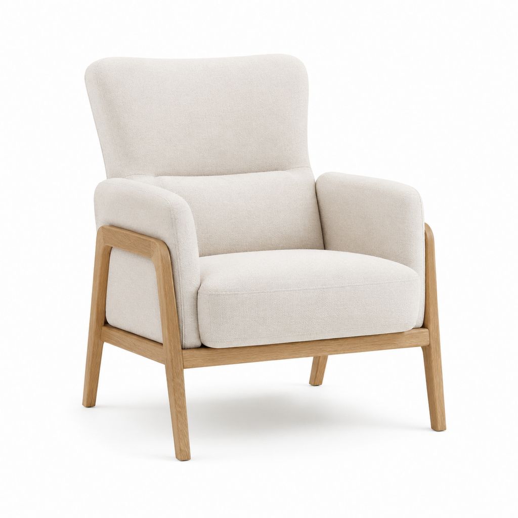 Poltrona da soggiorno beige in poliestere con struttura in rovere massello 72 x 78 x 89 cm