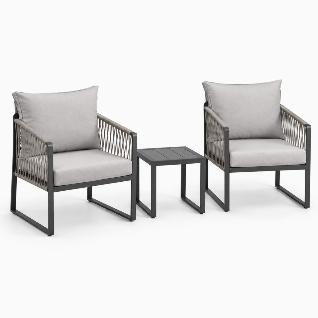 Set da giardino 2 poltrone e tavolino grigio in acciaio e corda sintetica 66 x 72 x 78 cm
