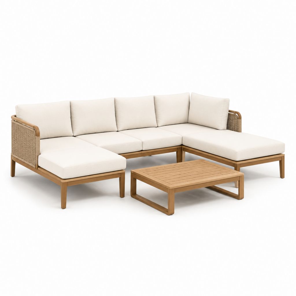 Salotto da giardino angolare 5 posti beige in acacia massello con tavolino 250 x 180 x 75 cm