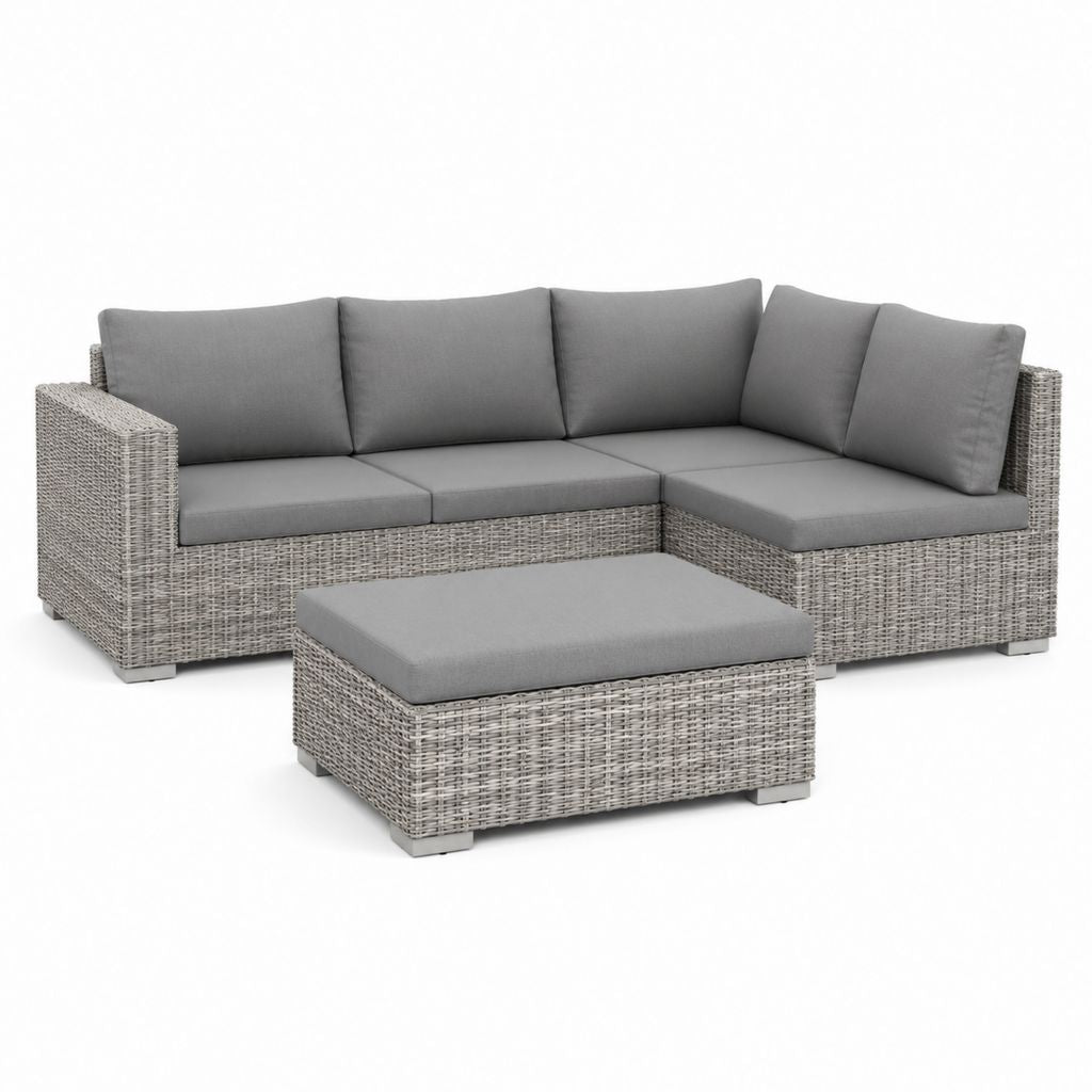 Divano da giardino angolare 4 pezzi grigio in rattan PE con cuscini 220 x 160 x 65 cm