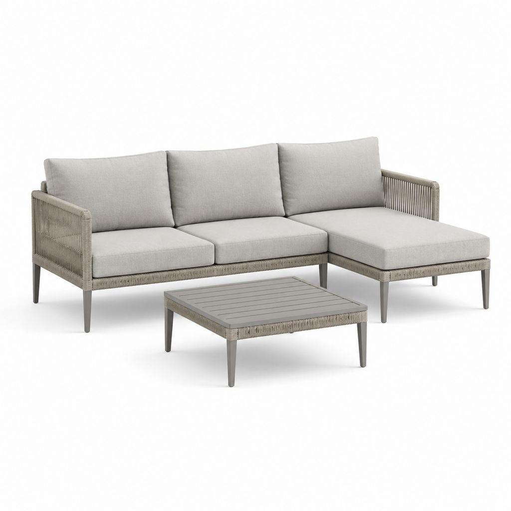 Set divano angolare da giardino con tavolino grigio in alluminio e corda PE 220 x 150 x 75 cm