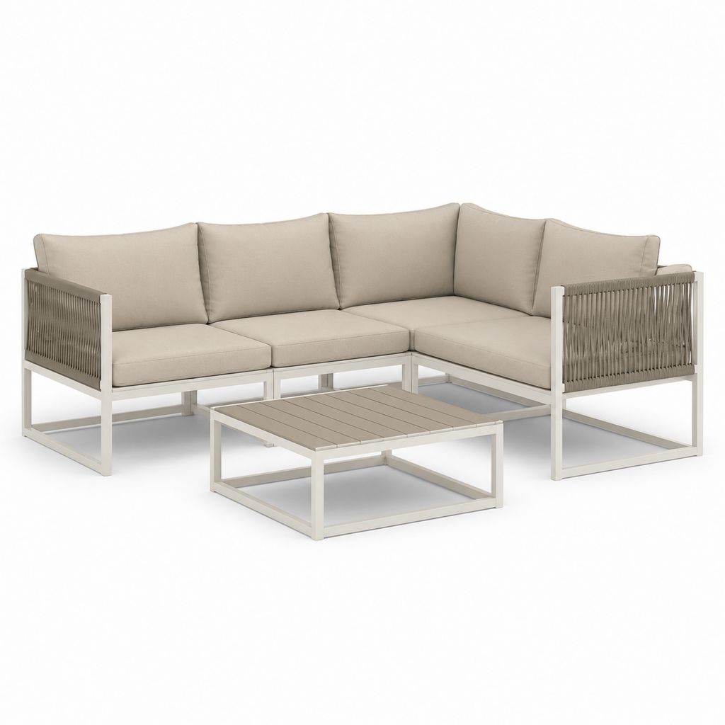 Set divano angolare da giardino 3 posti con tavolino beige in alluminio e corda di poliestere 220 x 220 x 75 cm