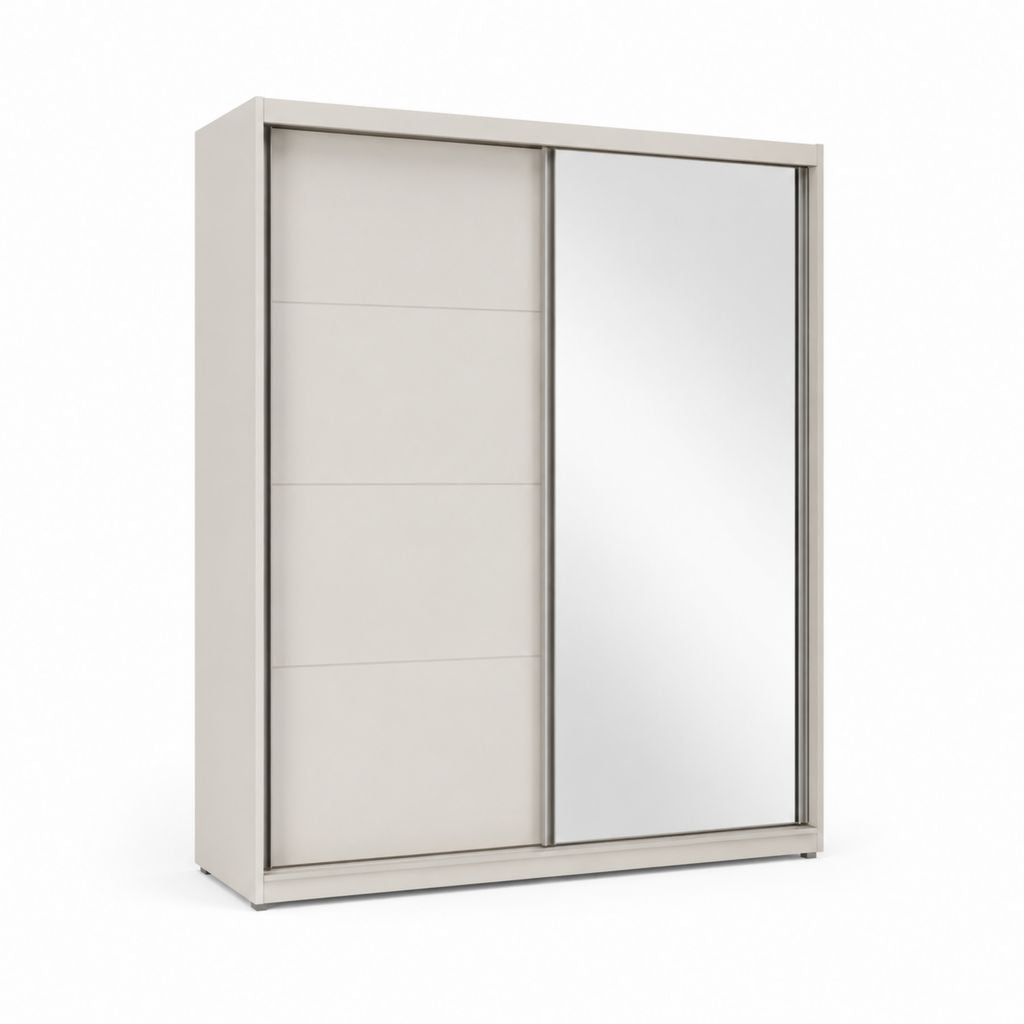 Armadio guardaroba con 2 ante scorrevoli beige e bianco con specchio 180 x 60 x 200 cm