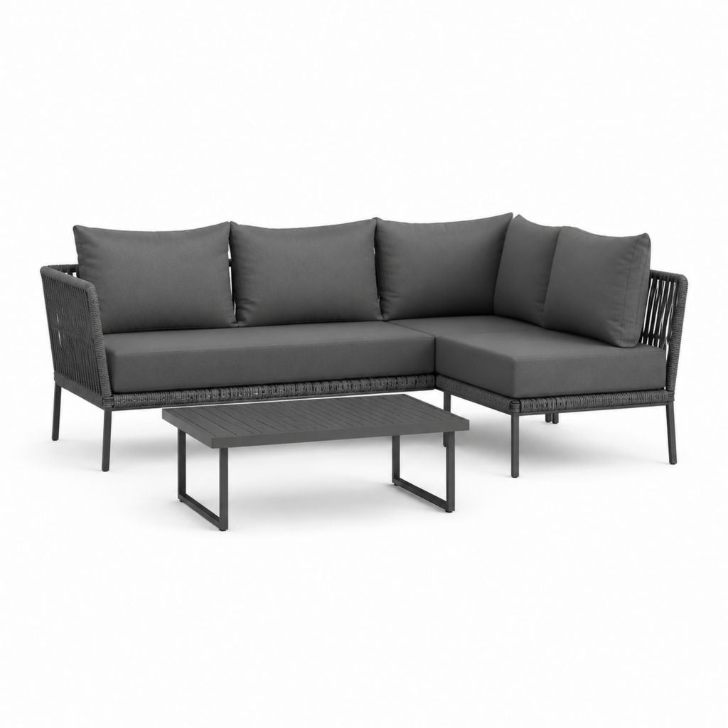 Set divano da giardino angolare grigio antracite in rattan PE con tavolino 210 x 140 x 65 cm