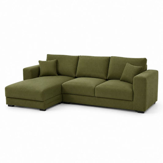 Divano angolare 3 posti con penisola sinistra verde oliva in velluto a coste di poliestere 260 x 160 x 85 cm