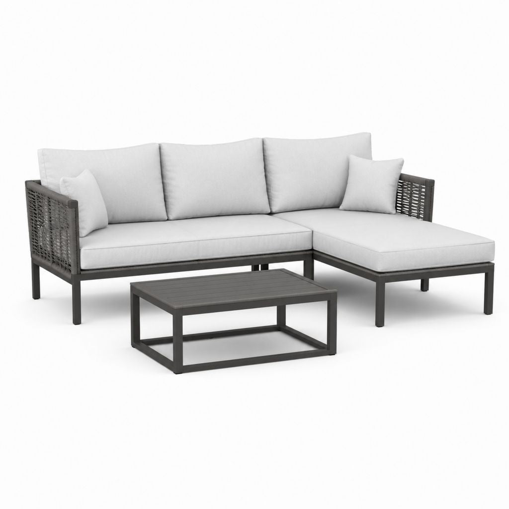 Set divano angolare da giardino 3 pezzi grigio chiaro in alluminio e rattan PE con tavolino 220 x 145 x 65 cm