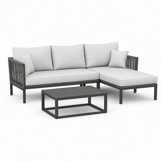 Set divano angolare da giardino 3 pezzi grigio chiaro in alluminio e rattan PE con tavolino 220 x 145 x 65 cm
