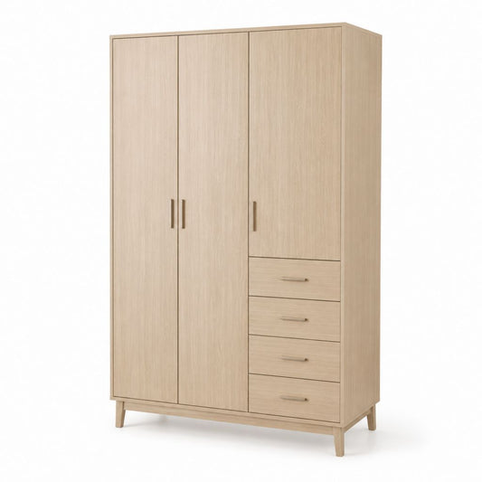 Armadio guardaroba 3 ante 4 cassetti rovere chiaro in pannelli di particelle 120 x 52 x 200 cm