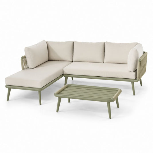 Set divano da giardino angolare con chaise longue e tavolino verde oliva e beige in alluminio e corda PP 230 x 150 x 75 cm