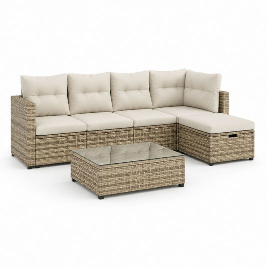 Set divano da giardino angolare con tavolino tortora e crema in polyrattan 210 x 140 x 60 cm