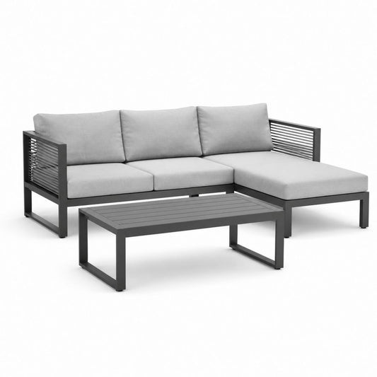 Set divano da giardino angolare 3 pezzi grigio antracite in alluminio con cuscini in poliestere 200 x 130 x 65 cm