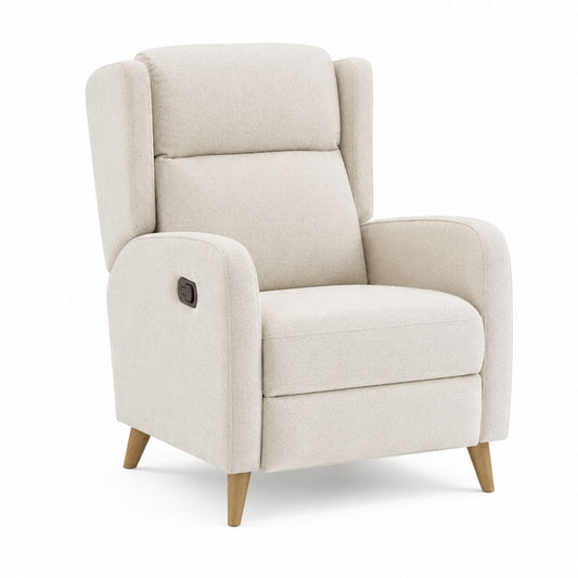 Poltrona reclinabile manuale beige in poliestere con gambe in legno massello 82 x 90 x 103 cm