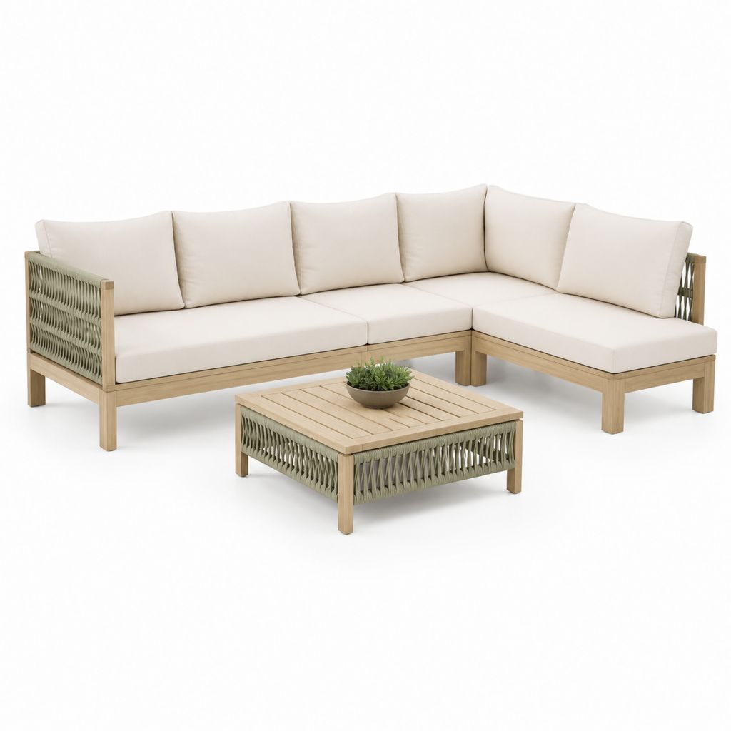 Set salotto da giardino angolare 3 pezzi beige e verde salvia in legno massello di acacia con corda in polipropilene divano 230 x 160 x 70 cm tavolino 90 x 60 x 40 cm