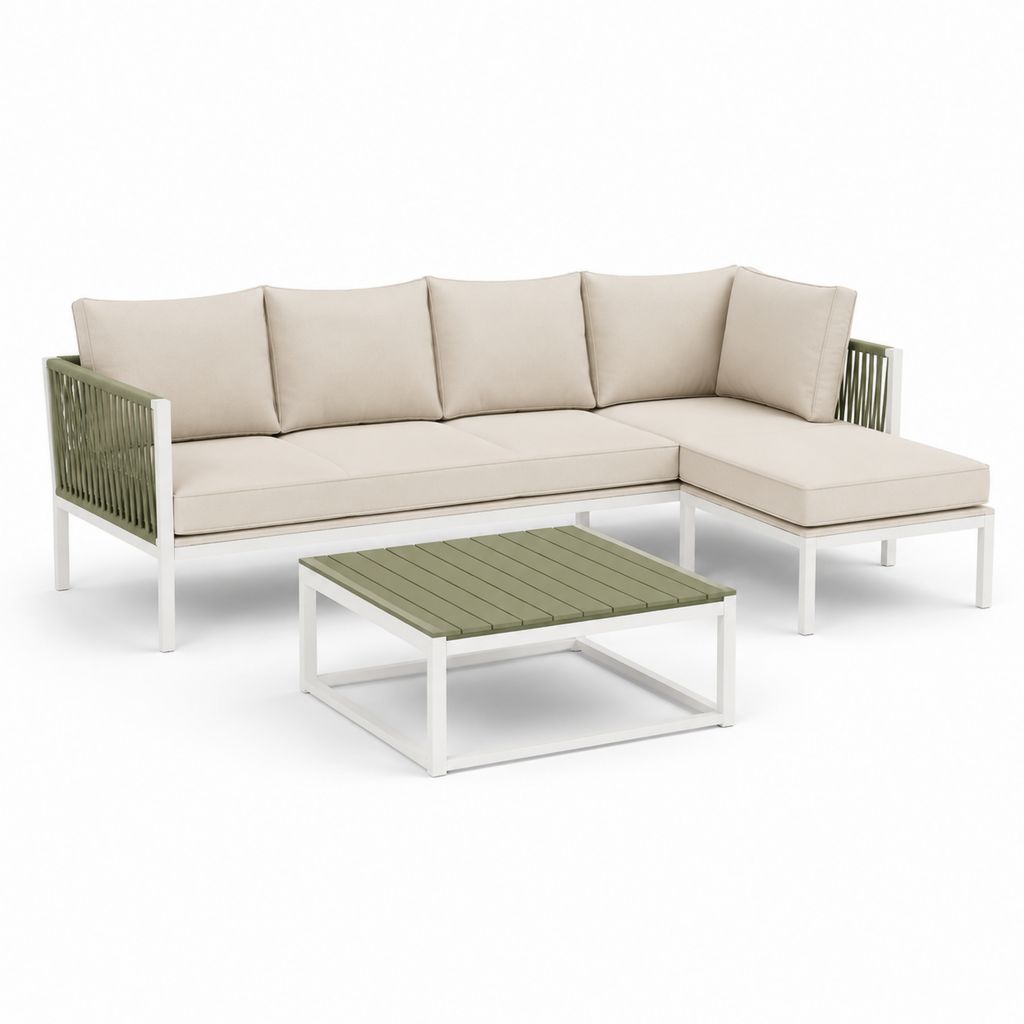 Salotto da giardino angolare 3 posti con chaise longue e tavolino in alluminio bianco verde ecrù 230 x 150 x 78 cm