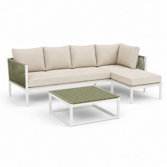 Salotto da giardino angolare 3 posti con chaise longue e tavolino in alluminio bianco verde ecrù 230 x 150 x 78 cm