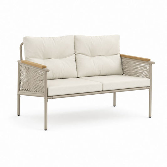Divano da giardino 2 posti lineare beige in acciaio verniciato a polvere e corda di poliestere 125 x 75 x 80 cm