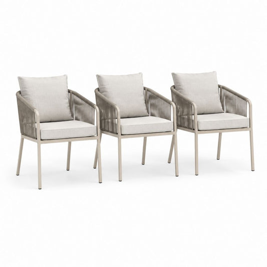 Set 3 poltrone da giardino beige in alluminio e corda con cuscini 60 x 65 x 80 cm