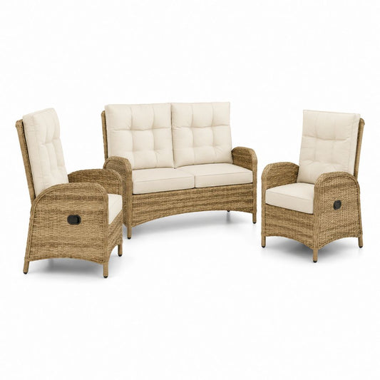 Set salotto da giardino 3 pezzi in rattan PE naturale con cuscini beige 2 poltrone reclinabili e divano 2 posti 130 x 80 x 100 cm