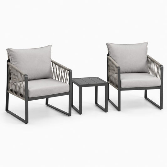 Set da giardino 2 poltrone e tavolino grigio in acciaio e corda sintetica 66 x 72 x 78 cm