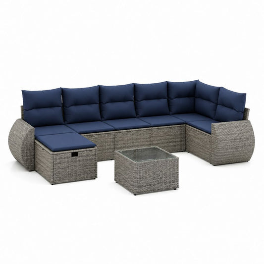 Set divano da giardino angolare grigio e blu in rattan PE con tavolino 280 x 210 cm