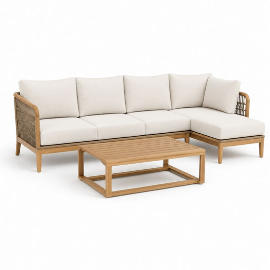 Set divano da giardino angolare 3 posti con tavolino beige in legno massello di acacia 250 x 160 x 78 cm
