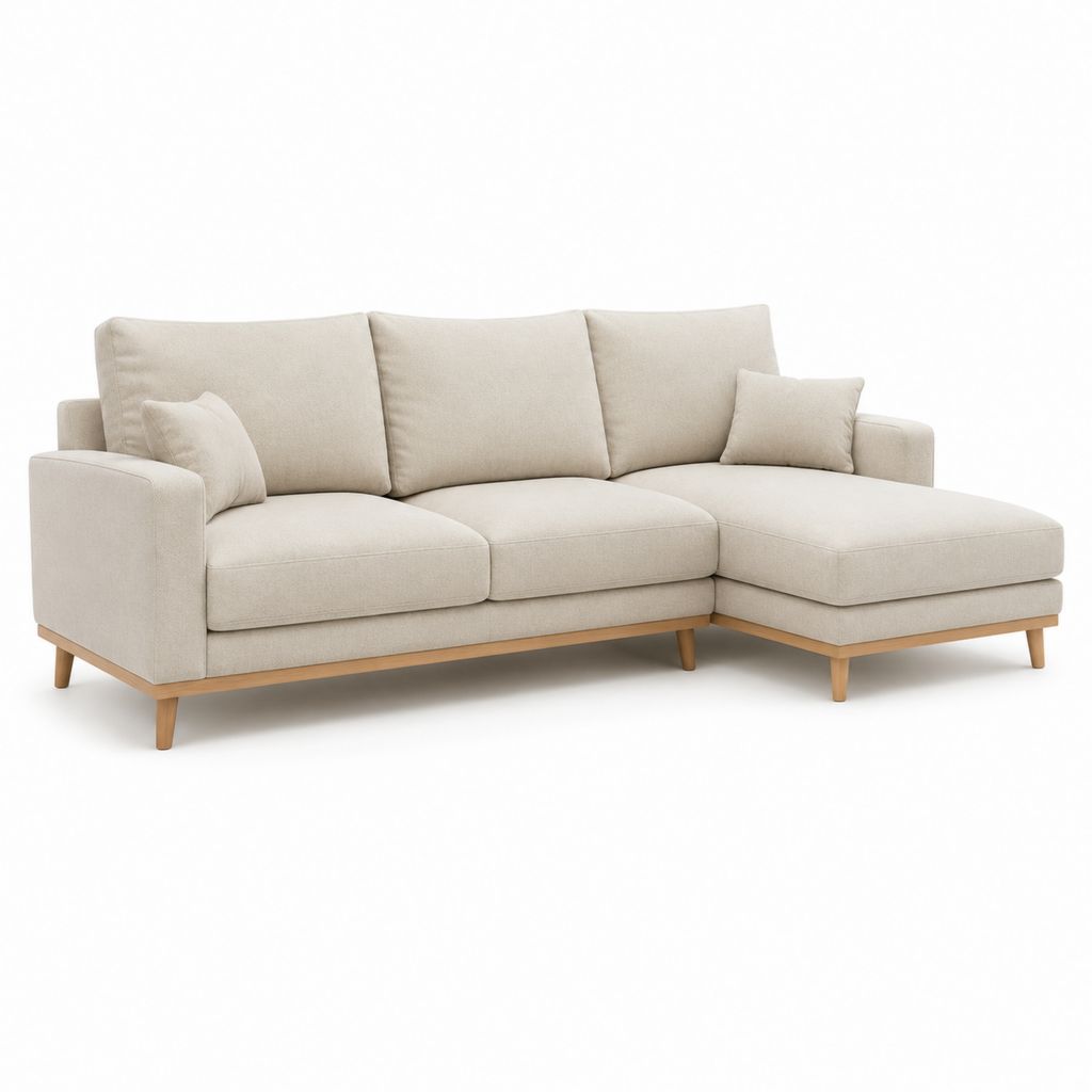 Divano angolare 3 posti beige in poliestere con chaise longue destra e gambe in faggio massello 240 x 160 x 85 cm