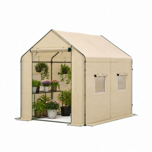 Serra da giardino a casetta beige in PE con telaio in acciaio 200 x 200 x 200 cm