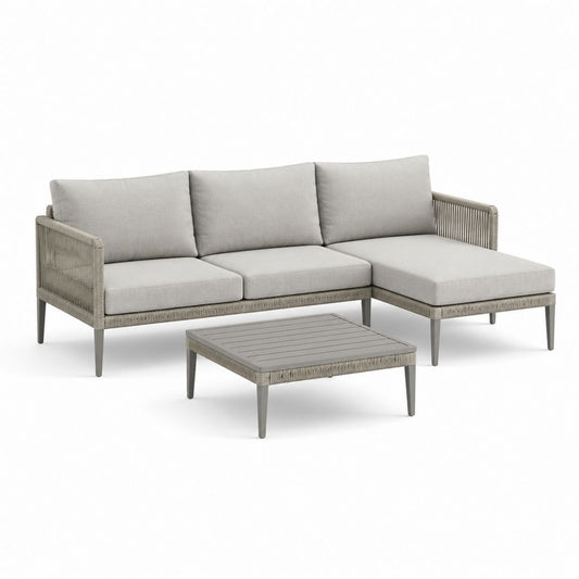 Set divano angolare da giardino con tavolino grigio in alluminio e corda PE 220 x 150 x 75 cm