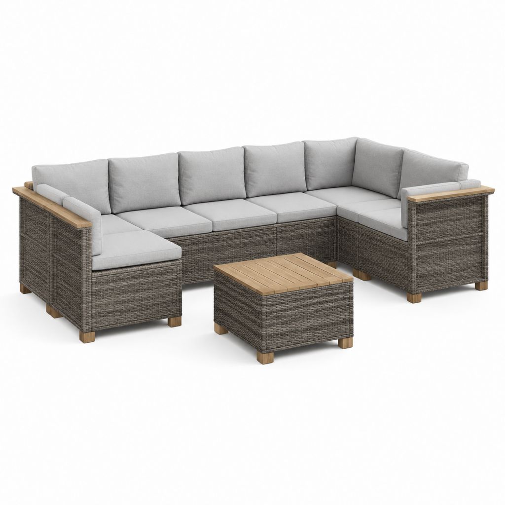 Set divano angolare da giardino 6 posti grigio in rattan PE e acacia con tavolino 270 x 270 x 82 cm