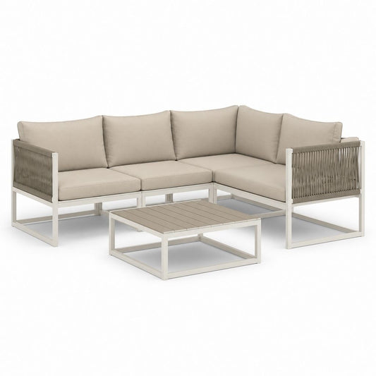Set divano angolare da giardino 3 posti con tavolino beige in alluminio e corda di poliestere 220 x 220 x 75 cm