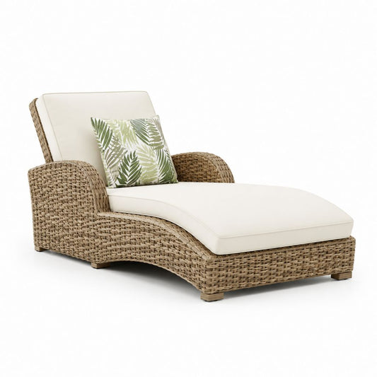 Lettino prendisole da giardino beige in rattan PE con cuscini bianchi 175 x 85 x 88 cm