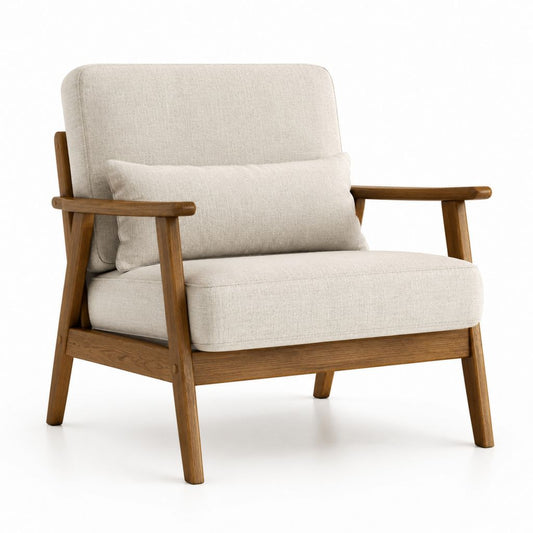 Poltrona da soggiorno beige con struttura in legno massello e rivestimento in poliestere 70 x 80 x 78 cm