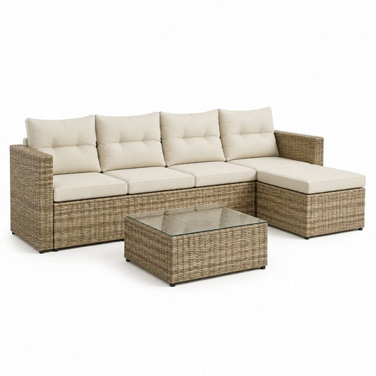 Set divano da giardino angolare 4 posti beige in rattan PE con tavolino 230 x 150 cm
