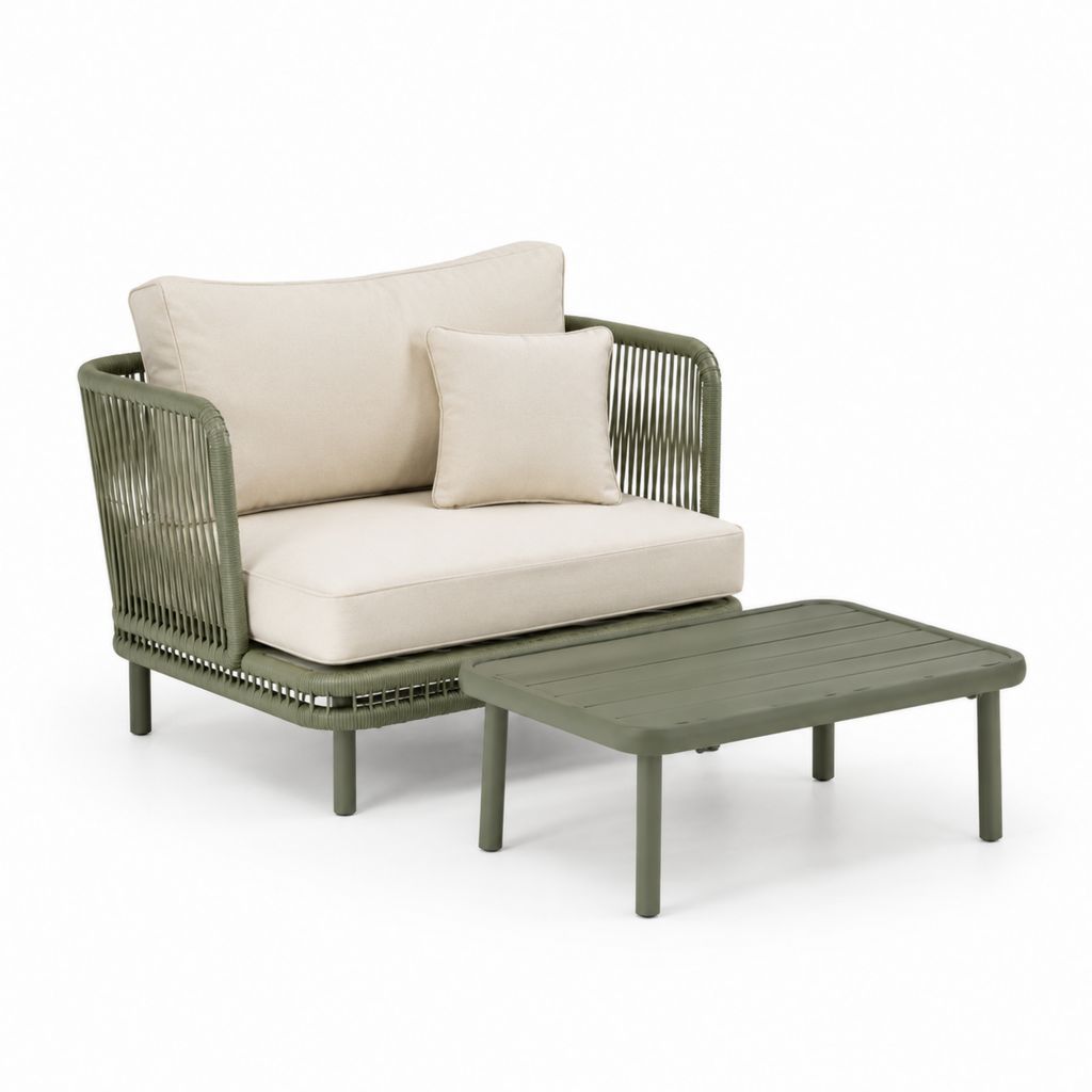 Set poltrona da giardino con tavolino verde oliva in alluminio e corda sintetica con cuscini beige 82 x 78 x 75 cm