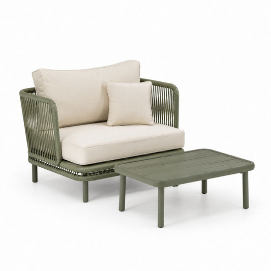Set poltrona da giardino con tavolino verde oliva in alluminio e corda sintetica con cuscini beige 82 x 78 x 75 cm